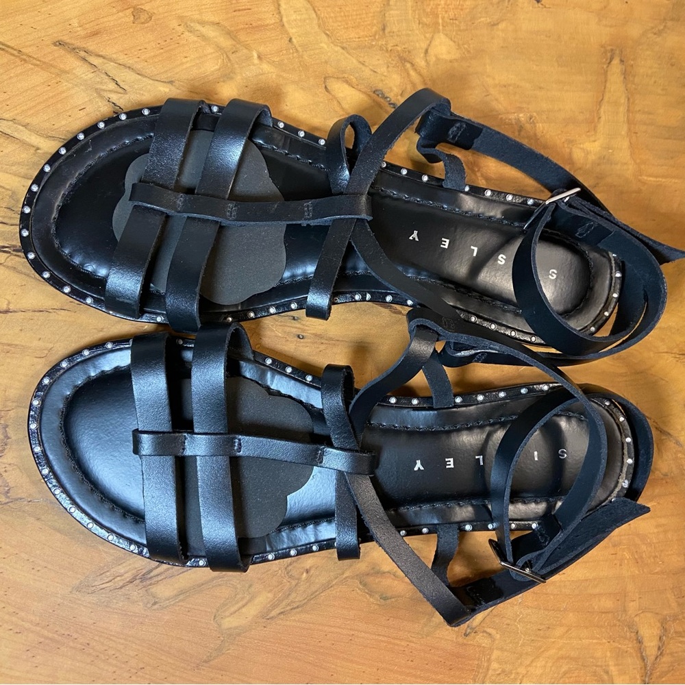 Sisley Flat Black Leather Sandals with Stud Detail